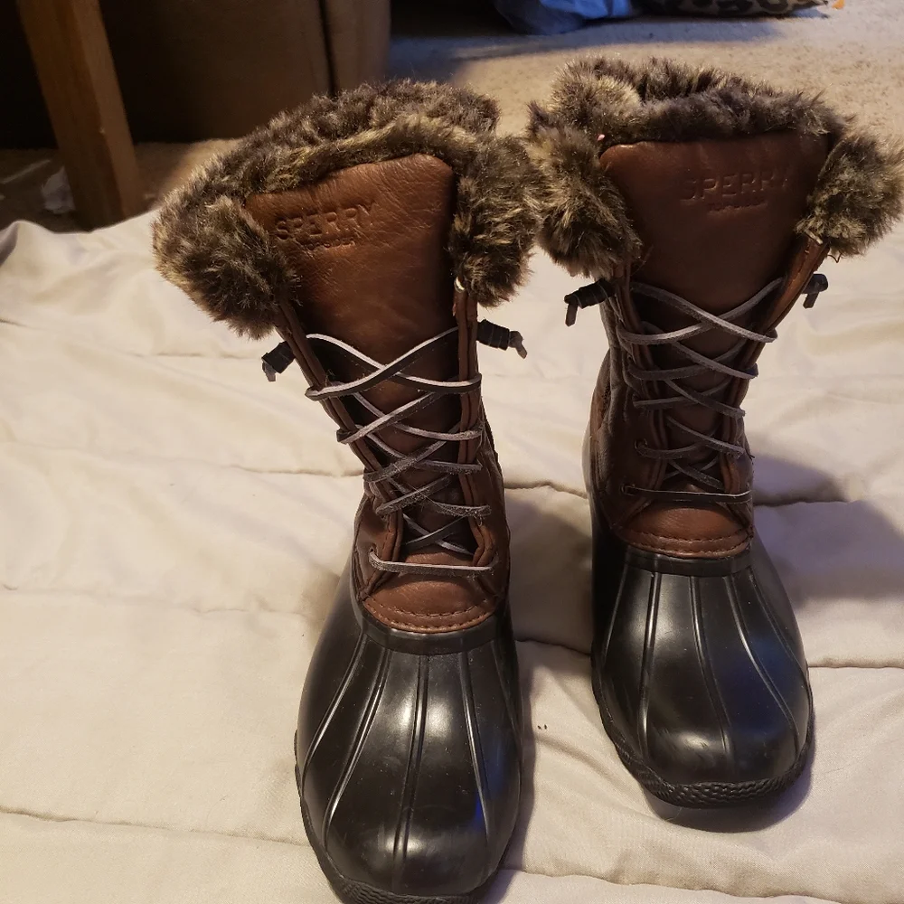 Sperry Girl Brownblack Topsider Saltwater Duck boots fauxfur lining Waterproof 3
